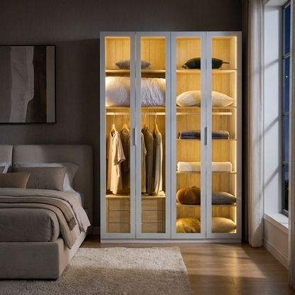 Alvero - Wardrobe - 4 Doors and 3 Drawers - White and Wood
