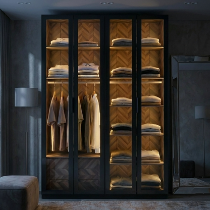 Alvero - Wardrobe - 4 Doors and 3 Drawers - Black and Wood