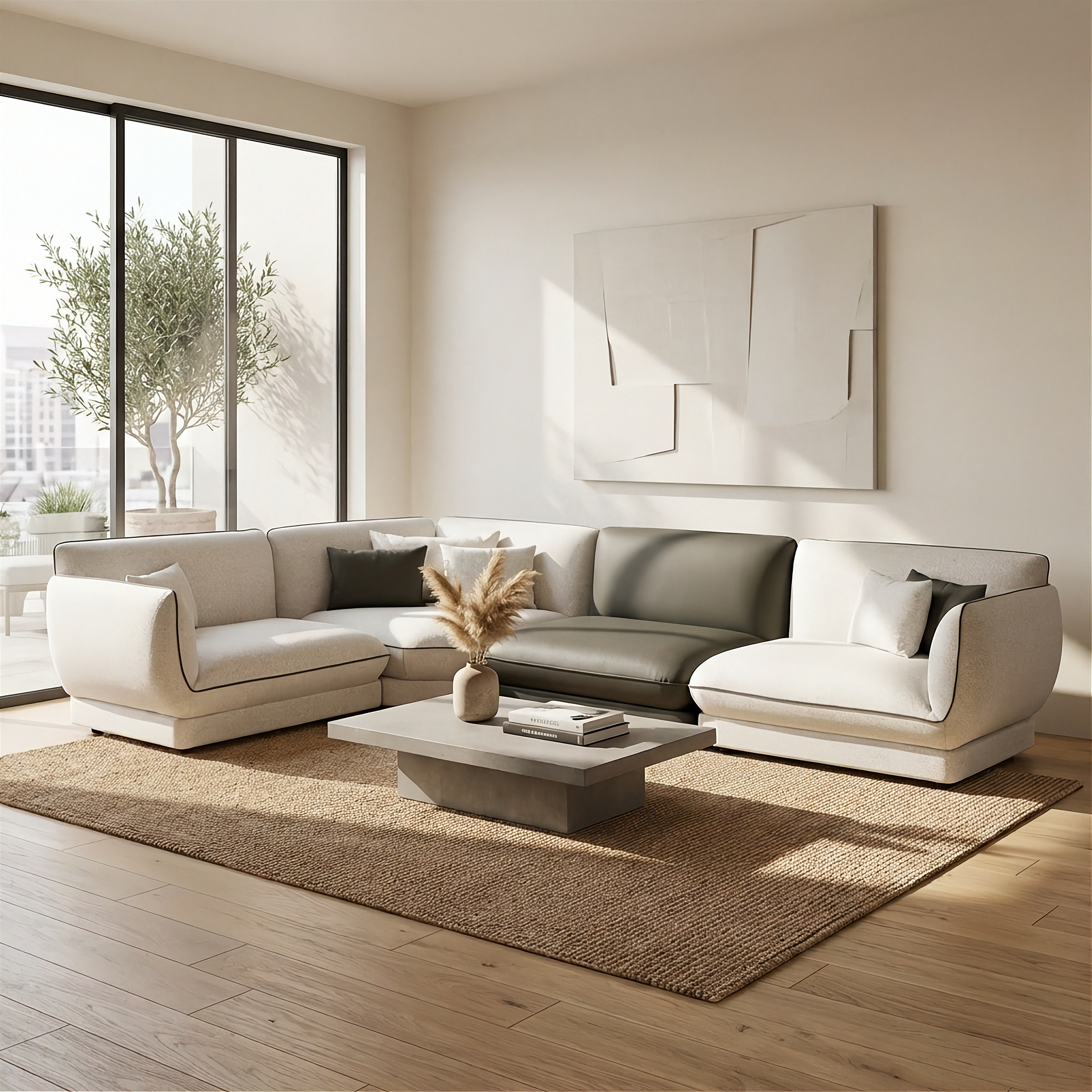 Loretta - Modular Sectional - Beige Fabric and Green Leather