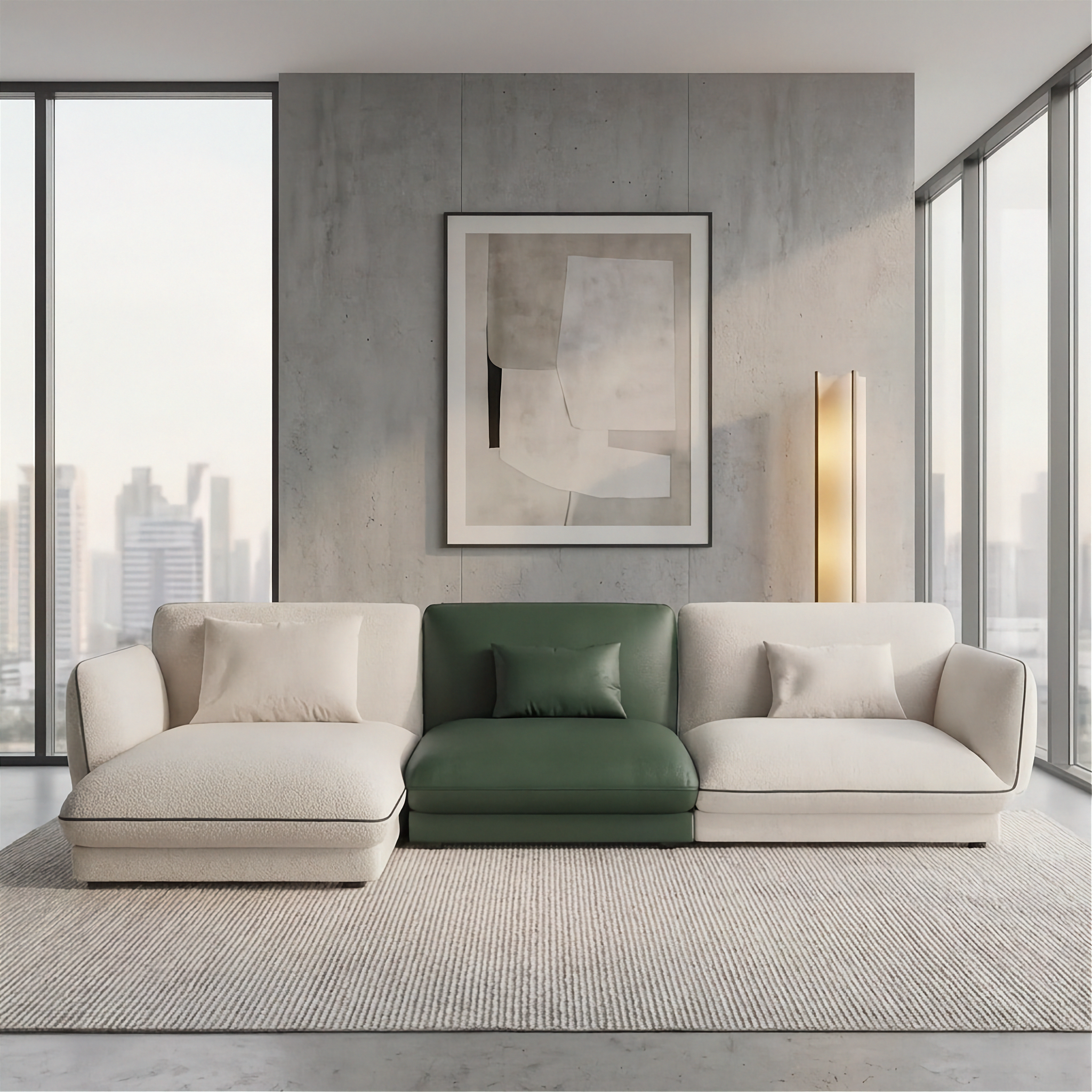 Sectionnel - Loretta - Tissu Beige et Cuir Vert