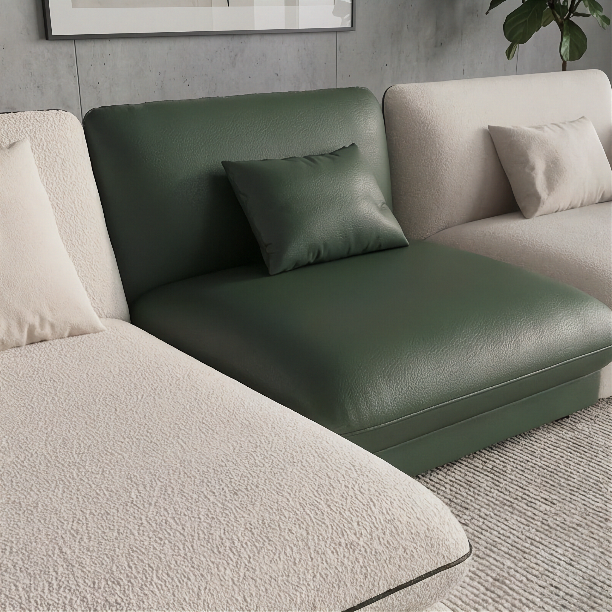 Sectionnel - Loretta - Tissu Beige et Cuir Vert