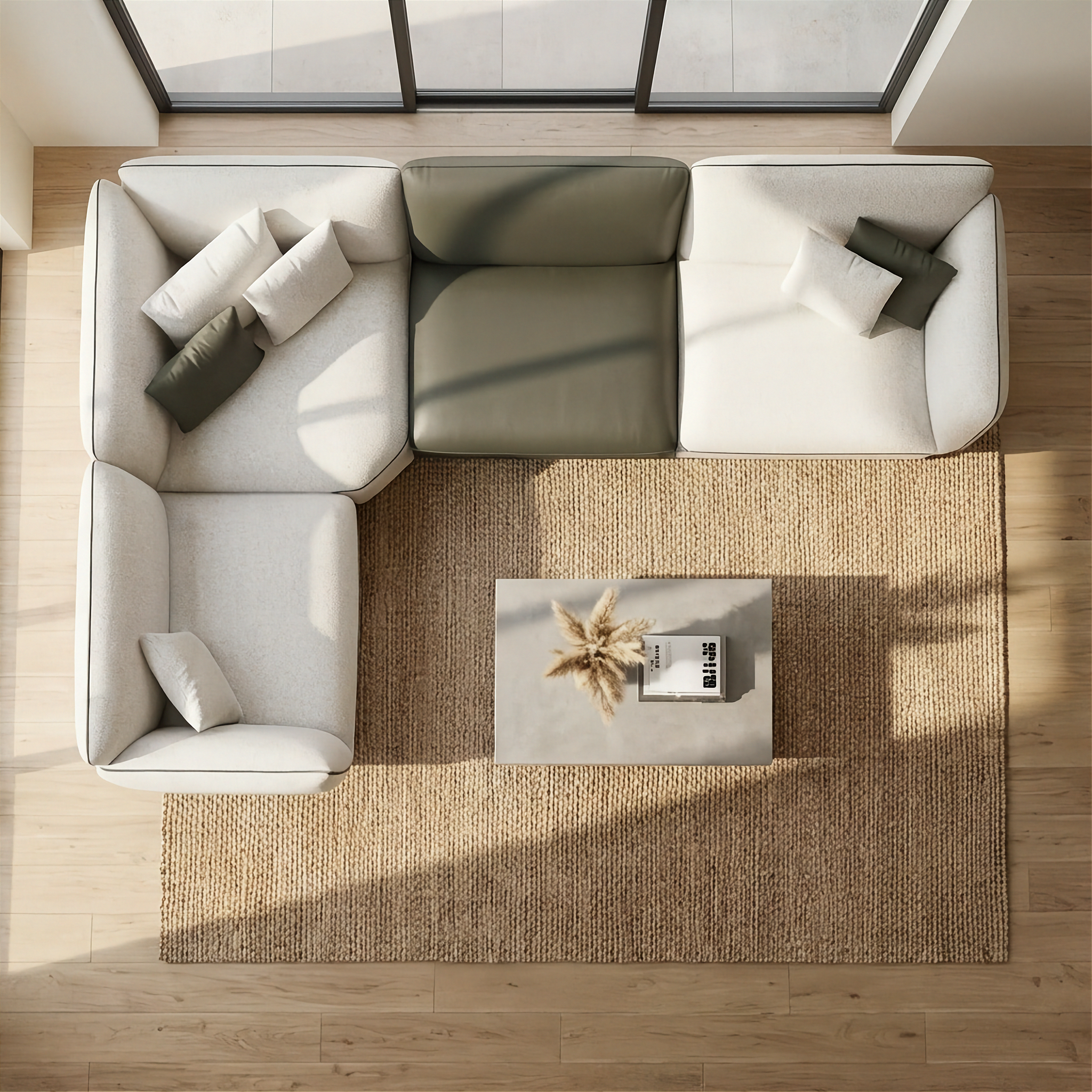 Loretta - Modular Sectional - Beige Fabric and Green Leather