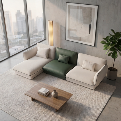 Sectionnel - Loretta - Tissu Beige et Cuir Vert
