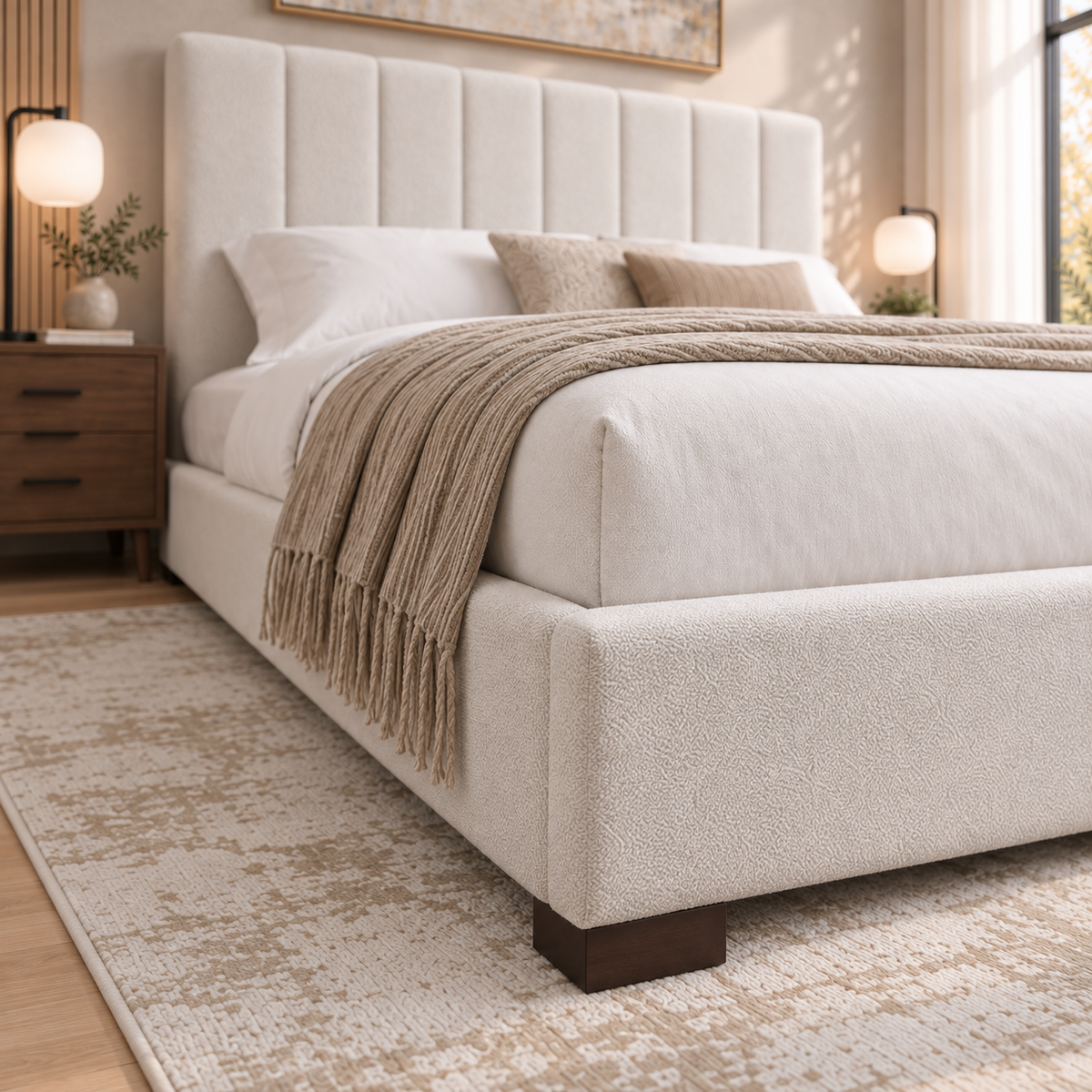 Evano - Queen Bed - Beige Fabric
