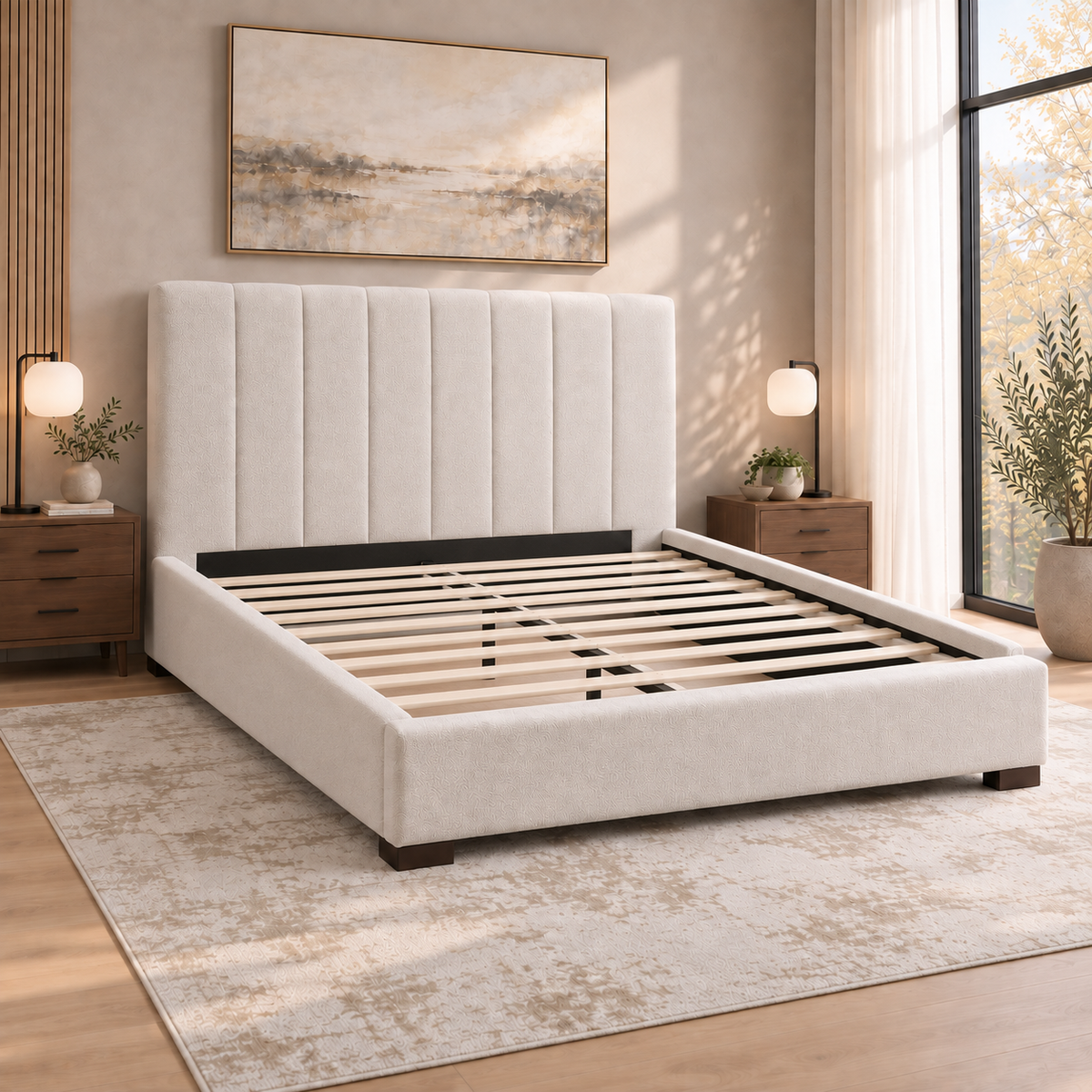 Evano - Queen Bed - Beige Fabric
