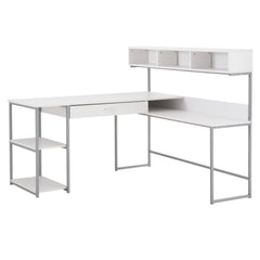L-shaped computer desk - 59" x 59" - with storage shelves - White and grey metal