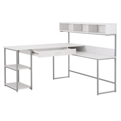 L-shaped computer desk - 59" x 59" - with storage shelves - White and grey metal