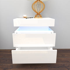 Table de chevet avec led table d'appoint - 2 tiroirs - Blanc