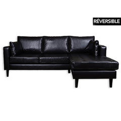 Sofa Sectionnel en L - Reversible - Simili-Cuir Noir - Puffy