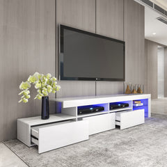 Meuble de TV avec LED - Blanc Lustré - 95 po