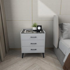 LED Bedside Table with Bluetooth Speaker and Wireless Charger - 3 Drawer Side Table - Grey