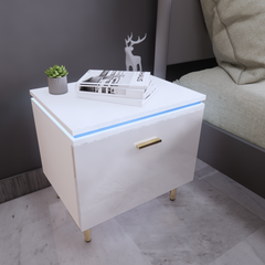 Bedside table with LED - Side table 1 drawer - White