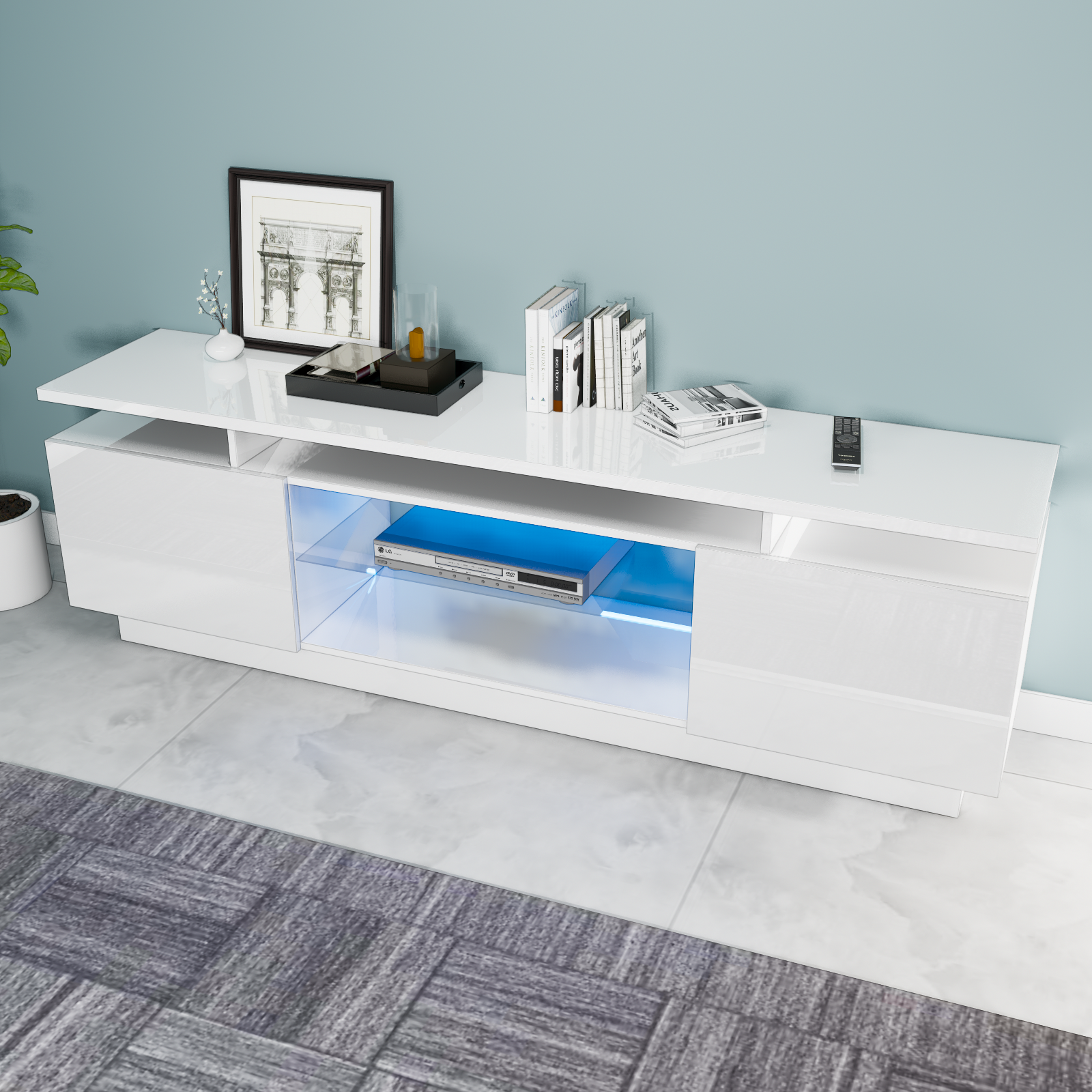 Lauren - Meuble de TV avec LED - Blanc Lustré - 70 po