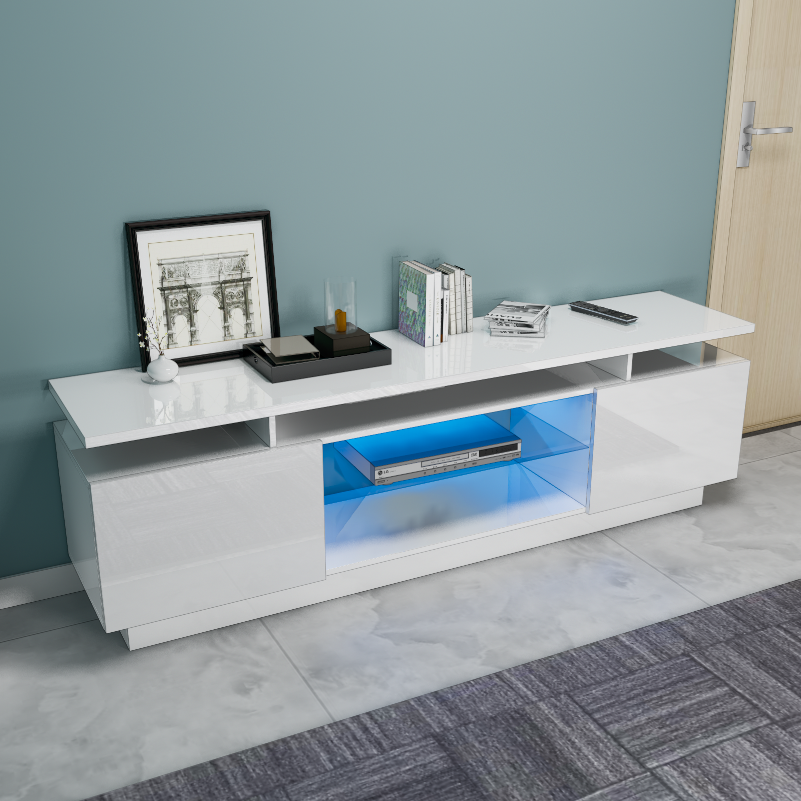 Lauren - Meuble de TV avec LED - Blanc Lustré - 70 po