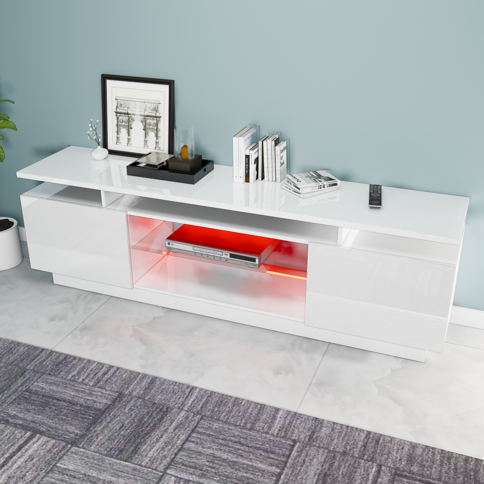 Lauren - Meuble de TV avec LED - Blanc Lustré - 70 po