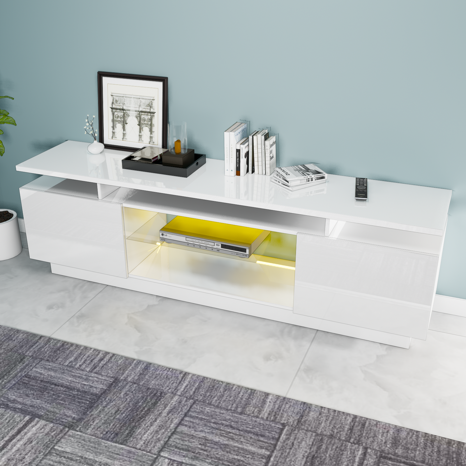 Lauren - Meuble de TV avec LED - Blanc Lustré - 70 po