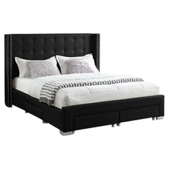 BED - QUEEN / 4 STORAGE DRAWERS BLACK UPHOLSTERED FABRIC