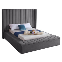 BED - QUEEN / GRAY VELVET WITH UPHOLSTERY AND 3 STORAGE BENCHES