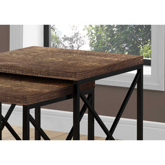 Nesting Tables - 2pcs / Brown Faux Wood / Black Metal