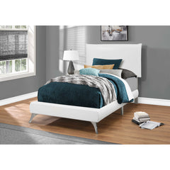 BED - TWIN / WHITE LEATHERETTE SILVER LEGS