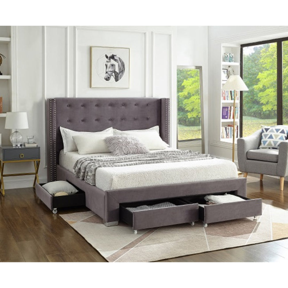 Lilia - Queen Bed - Grey Velvet Tufted