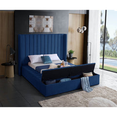 BED - KING / BLUE VELVET WITH UPHOLSTERY AND 3 STORAGE BENCHES
