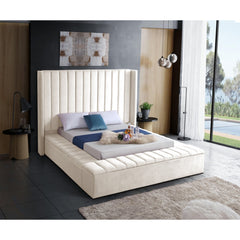 BED - KING / CREAM VELVET WITH UPHOLSTERY AND 3 STORAGE BENCHES