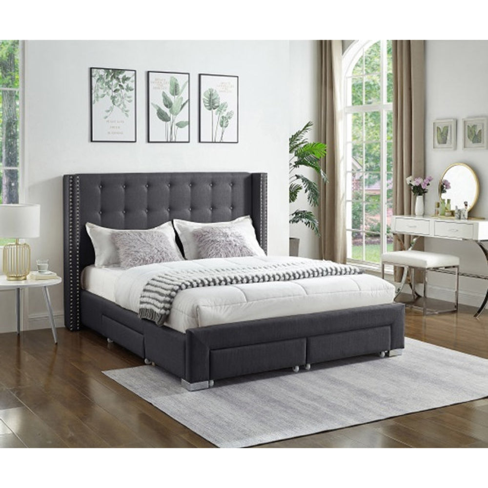 Lilia - Queen Bed - Grey Tufted Fabric