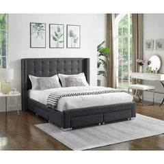 BED - KING / 4 STORAGE DRAWERS GRAY UPHOLSTERED FABRIC
