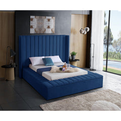 BED - KING / BLUE VELVET WITH UPHOLSTERY AND 3 STORAGE BENCHES