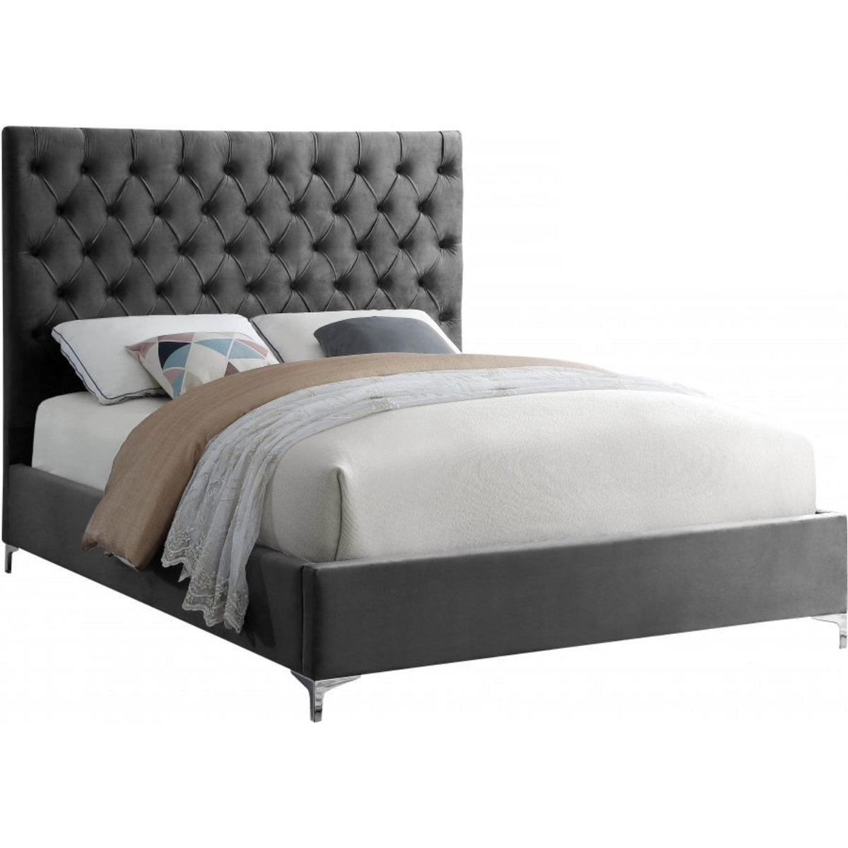 Albert - Lit Queen - Velour Gris Avec Capitonnage