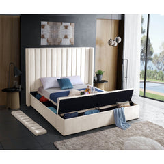 BED - KING / CREAM VELVET WITH UPHOLSTERY AND 3 STORAGE BENCHES