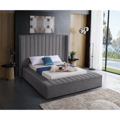 BED - QUEEN / GRAY VELVET WITH UPHOLSTERY AND 3 STORAGE BENCHES