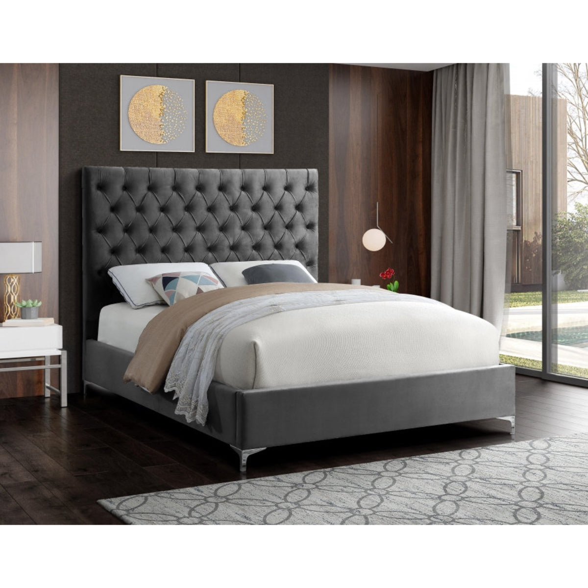Albert - Queen Bed - Grey Velvet With Tufting